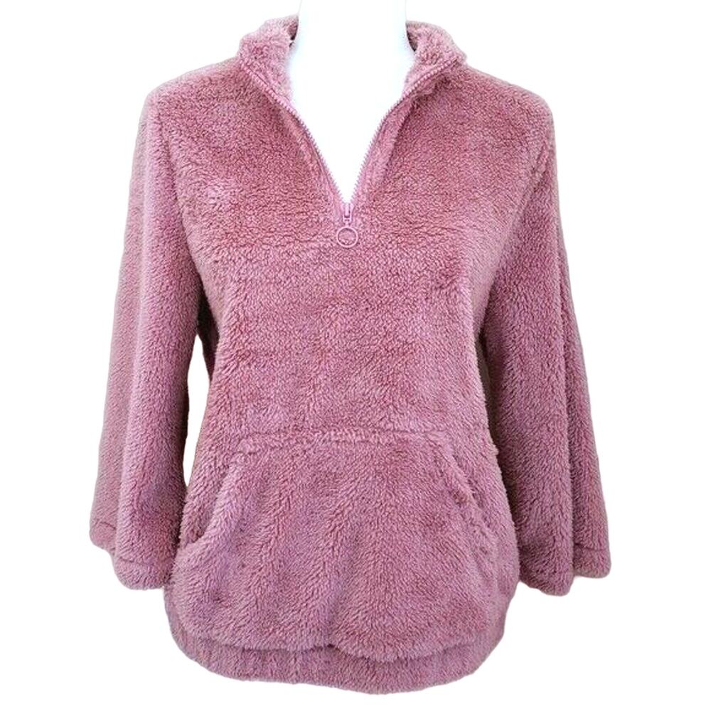 Knapp Studio Fleece Jacket Women M Pink Mock Neck Fuzzy Quarter Zip Pullover NEW
